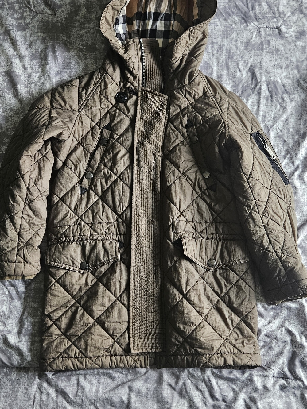 Burberry Quilted Hooded Coat in Khaki Brown with Plaid Lining